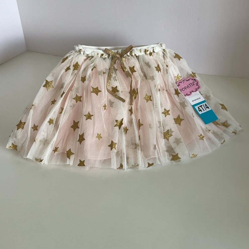 NWT Popatu Tutu Ballerina Skirt Girls 4T/4, Rose Pink with Gold Stars